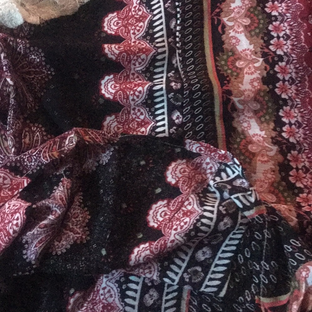 ❌DONATED❌Burgundy Black Stripe Pattern V-neck Boho Lace Sleeve Dress - Picture 9 of 11